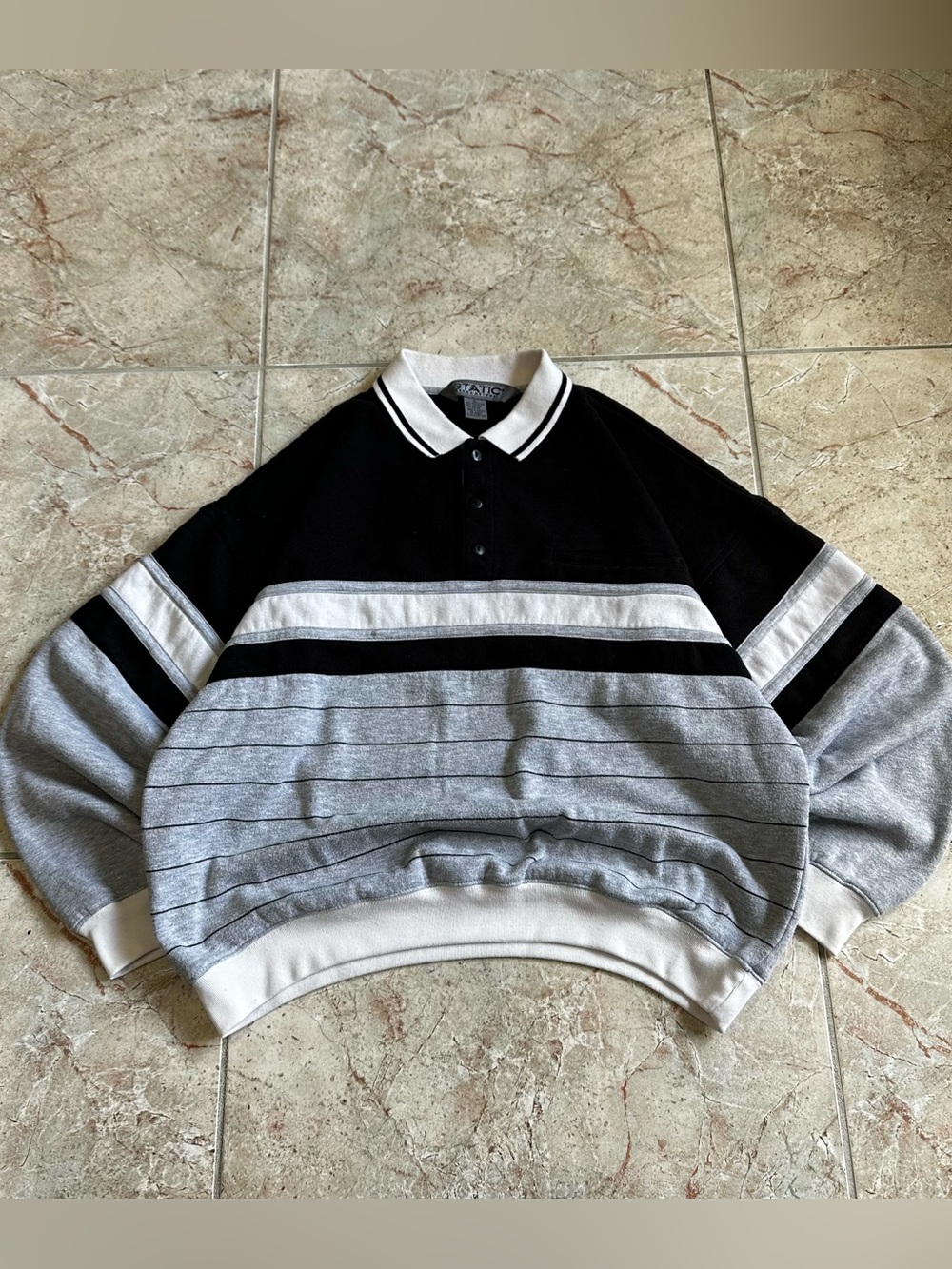 Striped Black & Gray Polo Sweatshirt with White Trim